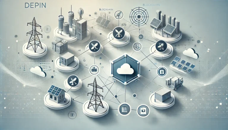 DALL·E 2025-01-07 20.18.09 - A conceptual and minimalist illustration representing a Decentralized Physical Infrastructure Network (DePIN). The image shows a stylized network diag
