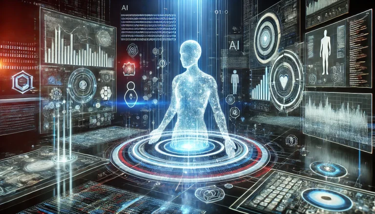 DALL·E 2025-01-12 15.21.24 - A futuristic concept art of an AI agent, depicted as a glowing humanoid figure surrounded by streams of binary code and holographic interfaces, seamle