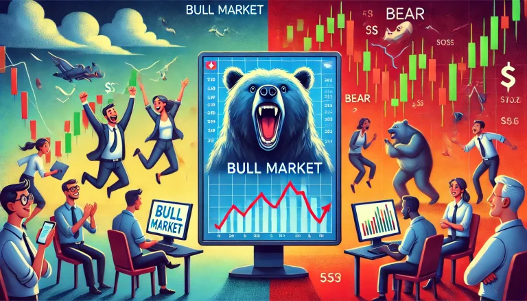 DALL·E 2025-02-07 13.16.18 - A conceptual illustration of financial market psychology. The image shows a split-screen_ on the left side, a bull market with optimistic traders cele