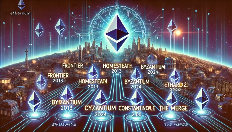 DALL·E 2025-02-21 19.41.32 - A futuristic digital landscape representing the evolution of Ethereum from 2013 to 2024. The image features a timeline of major Ethereum upgrades (Fro
